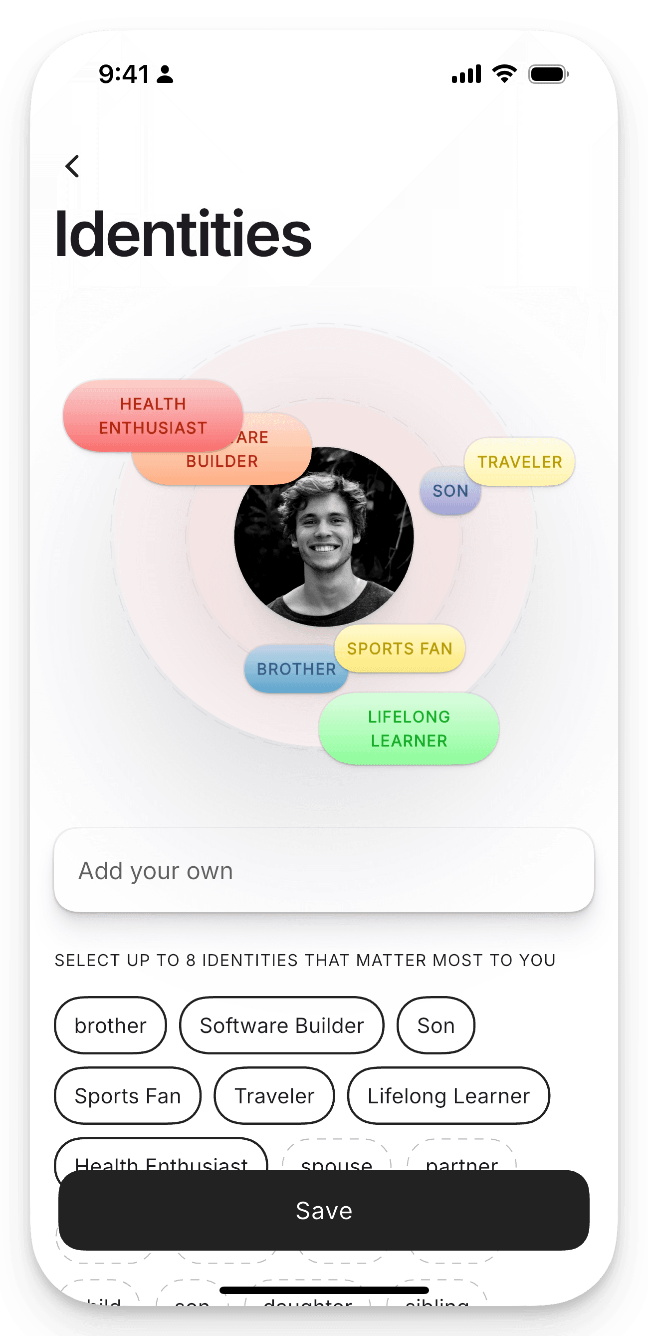 Create and manage personal identities to connect your tasks with your growth journey.