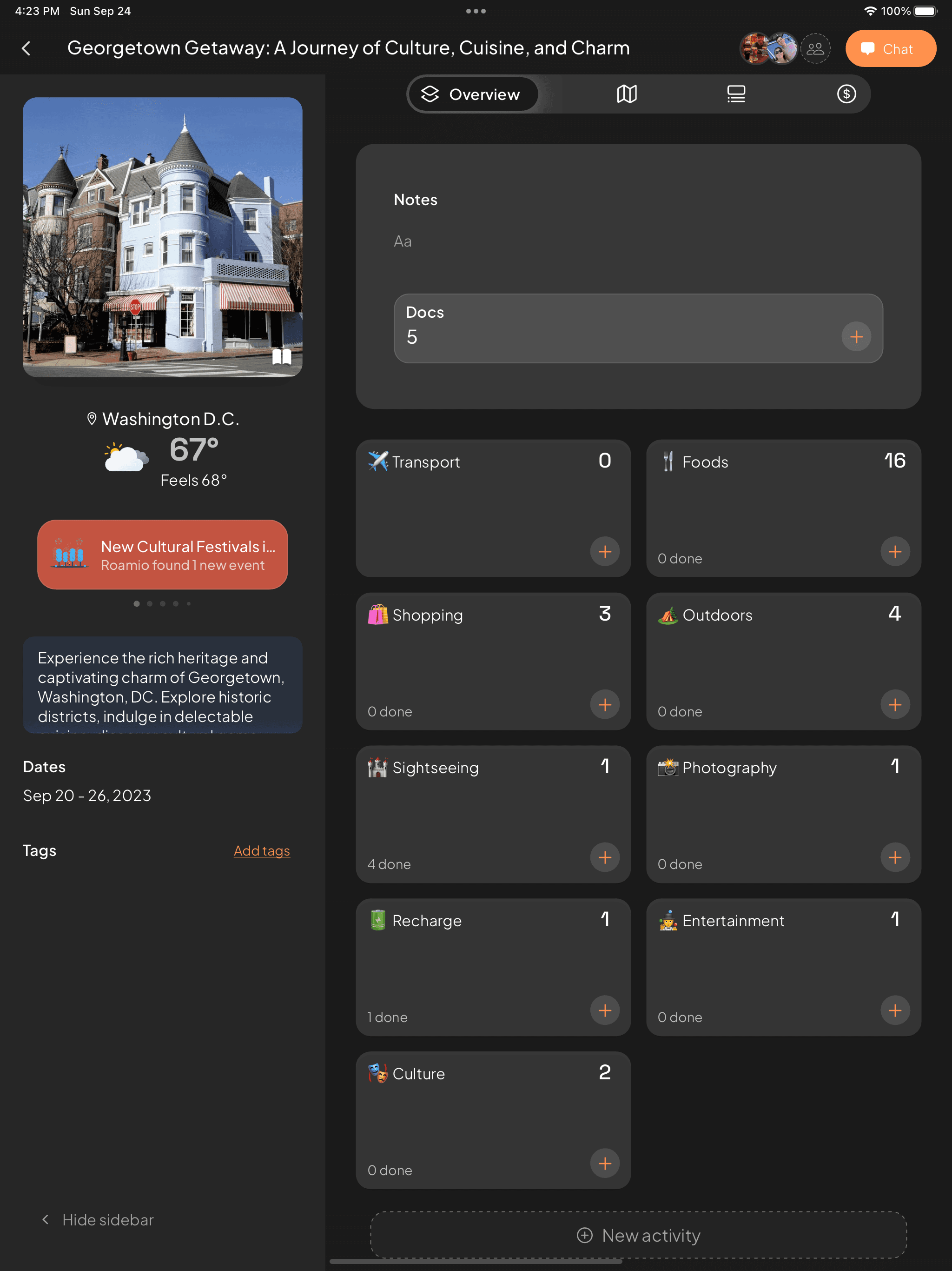 Organize activities into groups for better structuring of your trip plans.